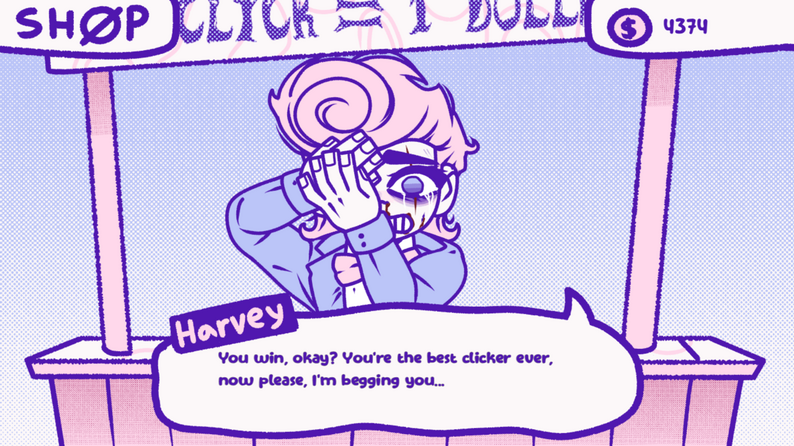 Harvey begging for mercy in Bloodmoney Clicker