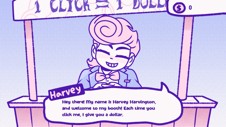 Harvey introducing himself in Bloodmoney Clicker